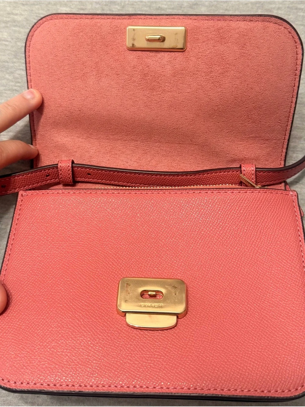 Coach Coral Leather cross body purse with Gold Logo